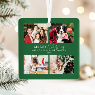 Elegante grüne Familie 4 FotoCollage Weihnachten Ornament Aus Metall
