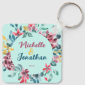 Elegante grüne farbenfrohe Hochzeit mit Blumen Schlüsselanhänger (Rückseite)