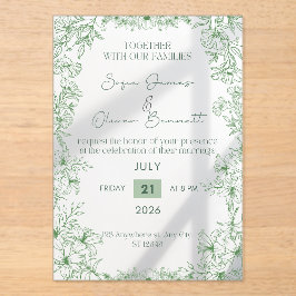 Elegante grüne florale Linienkunst-Hochzeitseinlad Acryleinladungen