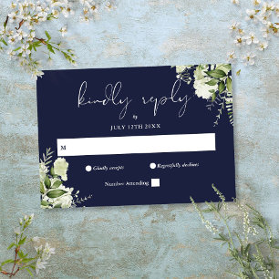 Elegante Grüne Florale Navyblaue Hochzeit RSVP Karte