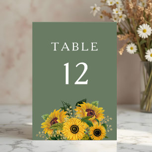 Elegante grüne florale Sonnenblumen-Hochzeit Tischnummer
