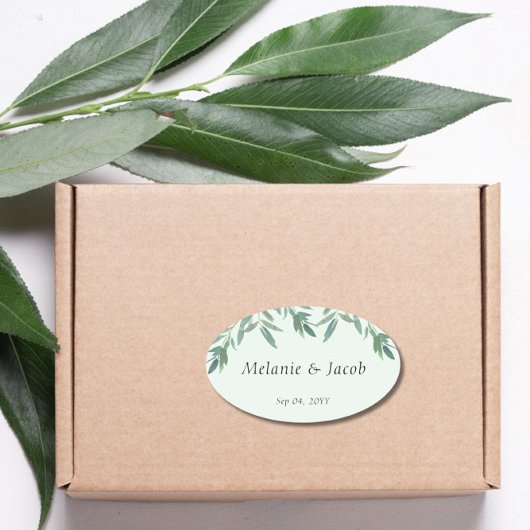 Elegante grüne Foliage Hochzeit Ovaler Aufkleber
