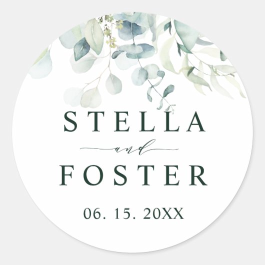 Elegante grüne Foliage Hochzeit Runder Aufkleber (Vorderseite)