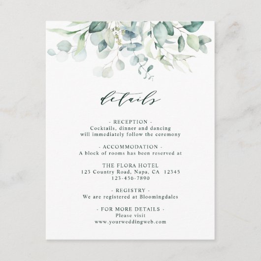Elegante grüne Foliage Hochzeitdetails Begleitkarte (Vorderseite)