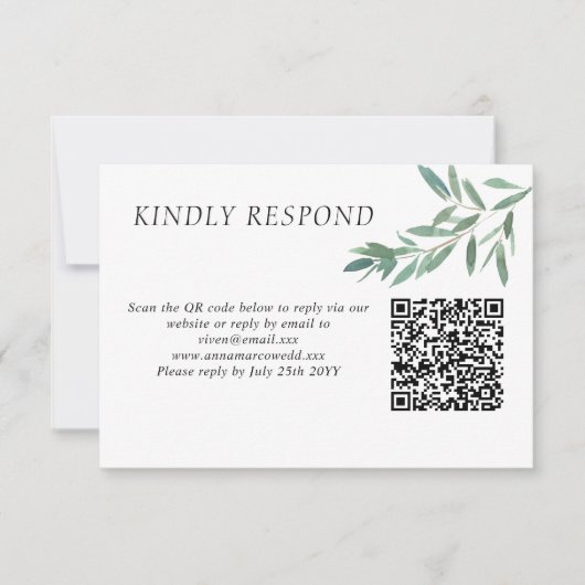 Elegante grüne Foliage QR Code RSVP Karte (Vorderseite)