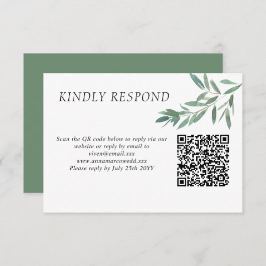 Elegante grüne Foliage QR Code RSVP Karte (Vorne/Hinten)