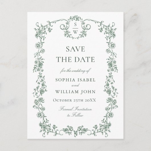 Elegante grüne französische Hochzeit retten das Da Postkarte (Vorderseite)