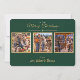 Elegante grüne Gold 3 Foto Familien-Weihnachtskart Feiertagskarte