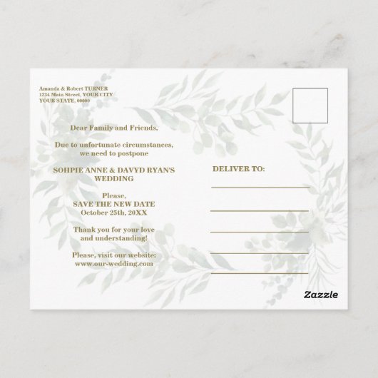 Elegante Grüne Gold Änderung der Pläne Hochzeit Postkarte (Rückseite)