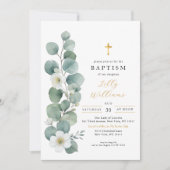 Elegante Grüne Gold Cross Taufen Einladung (Vorderseite)