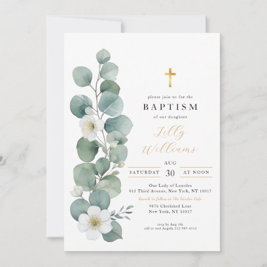 Elegante Grüne Gold Cross Taufen Einladung (Vorderseite)