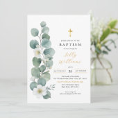Elegante Grüne Gold Cross Taufen Einladung (Stehend Vorderseite)