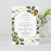 Elegante Grüne Goldene Eukalyptus-Hochzeitsfeier Einladung (Stehend Vorderseite)