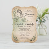 Elegante grüne goldene Prinzessin Quinceanera Gebu Einladung (Stehend Vorderseite)
