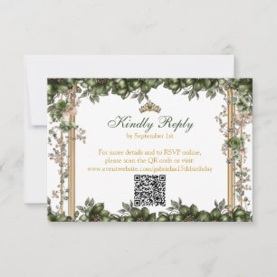 Elegante grüne goldene Tiara-Floral-Quinceañera RSVP Karte