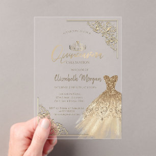Elegante grüne Goldkleid Tiara, Diamanten Quinceañ Acryleinladungen