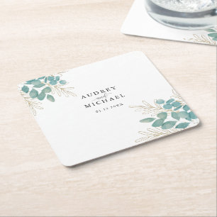 Elegante grüne Goldmedaille Personalisierte Hochze Rechteckiger Pappuntersetzer