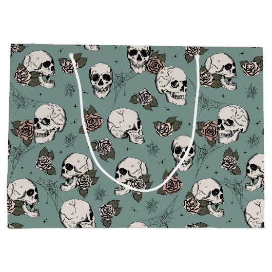 Elegante grüne Gotische Skulls und Rose Halloween Große Geschenktüte (Rückseite)