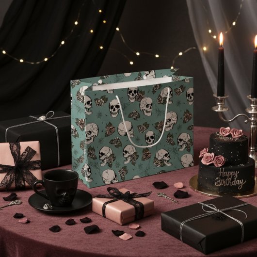Elegante grüne Gotische Skulls und Rose Halloween Große Geschenktüte