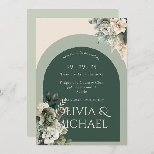 Elegante grüne Hochzeit Einladung (Vorne/Hinten)