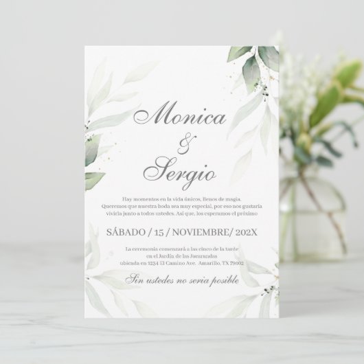 Elegante Grüne Hochzeit Einladung in Spanisch (Stehend Vorderseite)