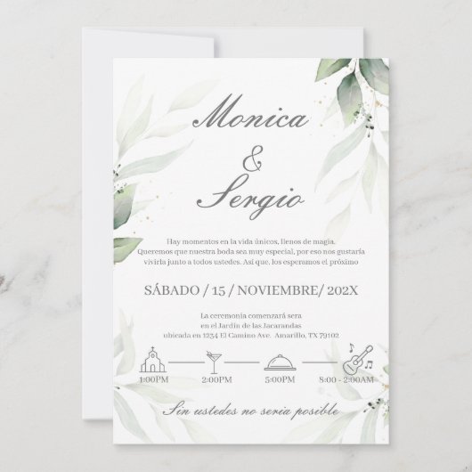 Elegante Grüne Hochzeit Einladung in Spanisch (Vorderseite)
