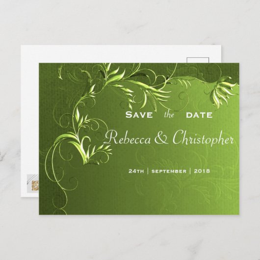 Elegante grüne Hochzeit speichern Sie das Datum Ankündigungspostkarte (Vorne/Hinten)
