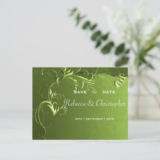 Elegante grüne Hochzeit speichern Sie das Datum Ankündigungspostkarte (Stehend Vorderseite)