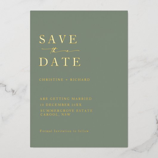 Elegante, grüne Hochzeit speichern Sie das Datum Folieneinladung (Vorderseite)
