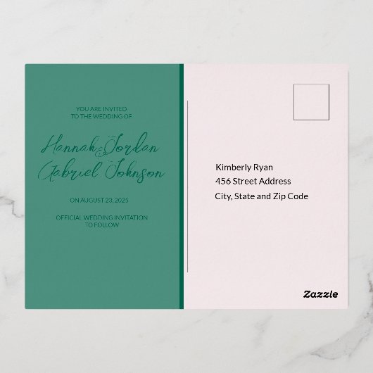 Elegante grüne Hochzeit Speichern Sie die Datumsan Folie Einladungspostkarte (Rückseite)