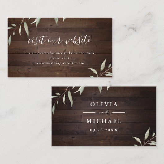 Elegante grüne Holz rustikale Website einfügen Kar Platzkarte (Vorne/Hinten)