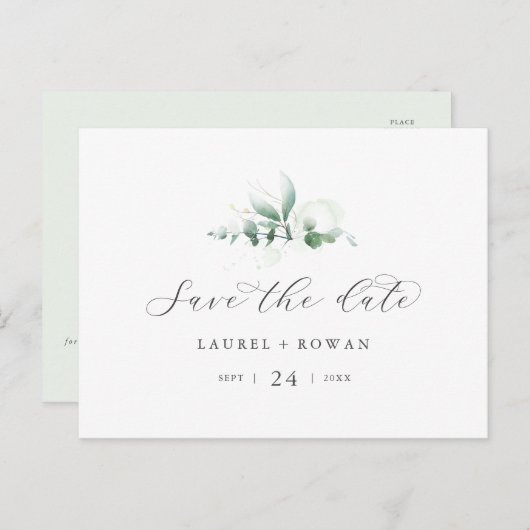 Elegante Grüne Horizontal Save the Date Postkarte (Vorne/Hinten)