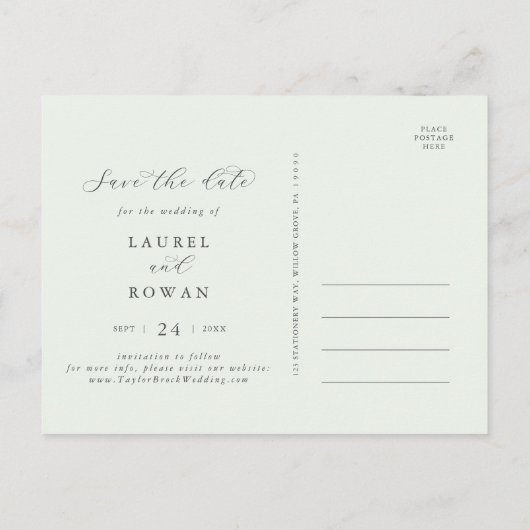 Elegante Grüne Horizontal Save the Date Postkarte (Rückseite)