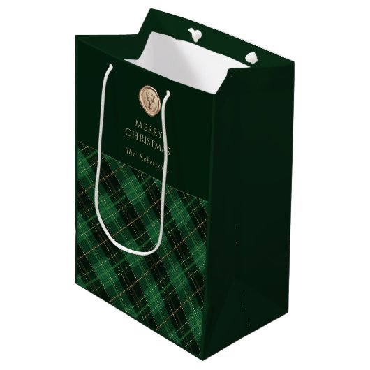 Elegante grüne Karo personalisiert Mittlere Geschenktüte (Vorderseite Schrägansicht)