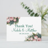 Elegante grüne Kruste Rosa Buds Wedding Dankeskarte (Stehend Vorderseite)