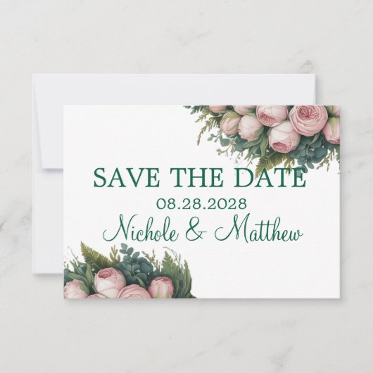 Elegante grüne Kruste Rosa Buds Wedding Save The Date (Vorderseite)