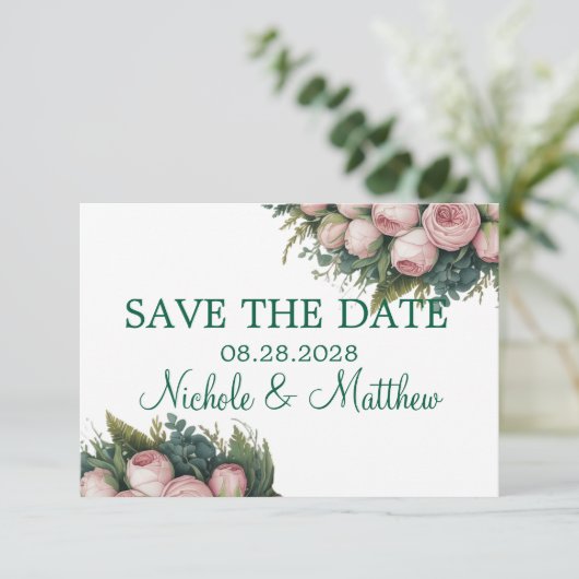 Elegante grüne Kruste Rosa Buds Wedding Save The Date (Stehend Vorderseite)