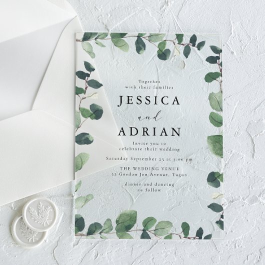 Elegante grüne Leaf-Grenze Moderne Hochzeit Acryleinladungen