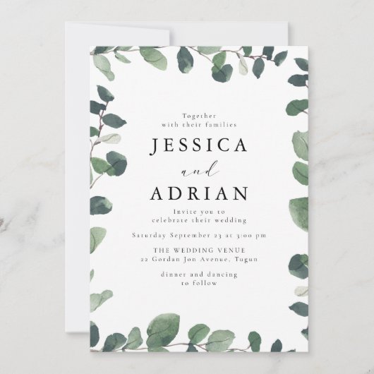 Elegante grüne Leaf-Grenze Moderne Hochzeit Einladung (Vorderseite)