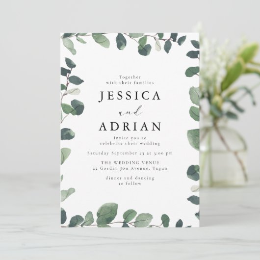 Elegante grüne Leaf-Grenze Moderne Hochzeit Einladung (Stehend Vorderseite)