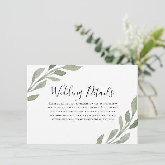 Elegante Grüne Leaf Hochzeitsempfehlung Details Begleitkarte (Stehend Vorderseite)