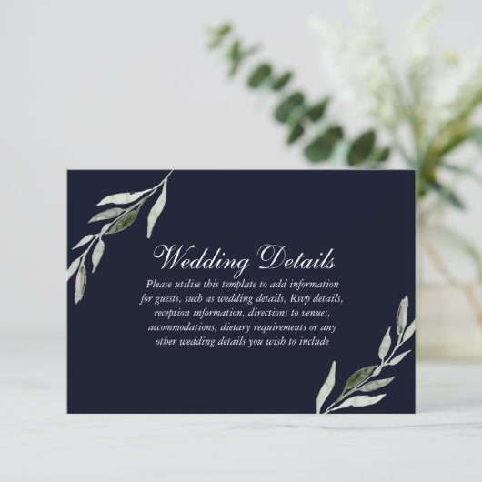 Elegante, grüne Leaf Navy Blue Wedding Reception Einladung (Stehend Vorderseite)