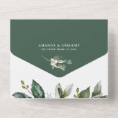 Elegante grüne Leafy Wasserfarbenhochzeit All In One Einladung (Rückseite)