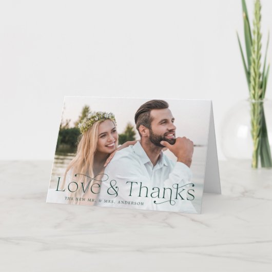 Elegante grüne Liebe und Dankeschön-Hochzeitsszena Dankeskarte (Vorderseite)