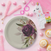 Elegante Grüne Lila Pflaume und goldene Blumenhoch Pappteller (Party)