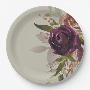 Elegante Grüne Lila Pflaume und goldene Blumenhoch Pappteller