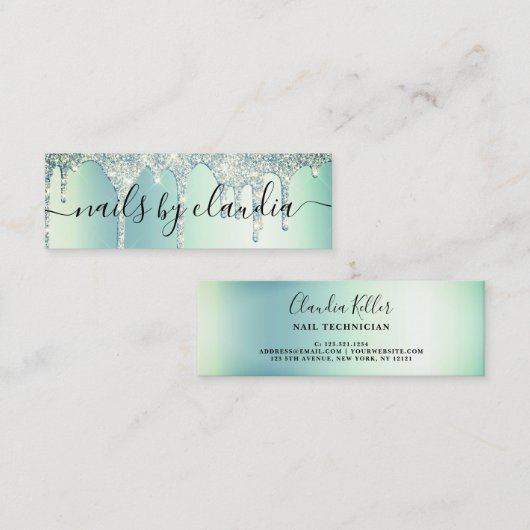 Elegante, grüne Minze-Glitzer-Tropfen Mini Visitenkarte (Vorne/Hinten)