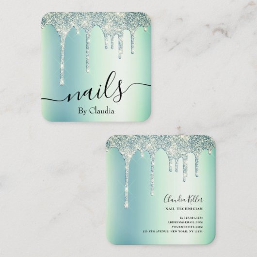 Elegante, grüne Minze-Glitzer-Tropfen Quadratische Visitenkarte (Vorne/Hinten)