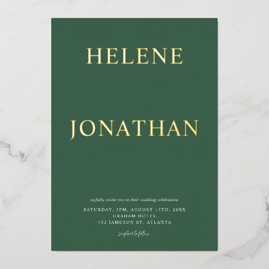 Elegante Grüne Moderne Minimalistische Hochzeit Folieneinladung (Vorderseite)