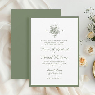 Elegante grüne Monogramm-Hochzeitskarte mit Salbei Einladung